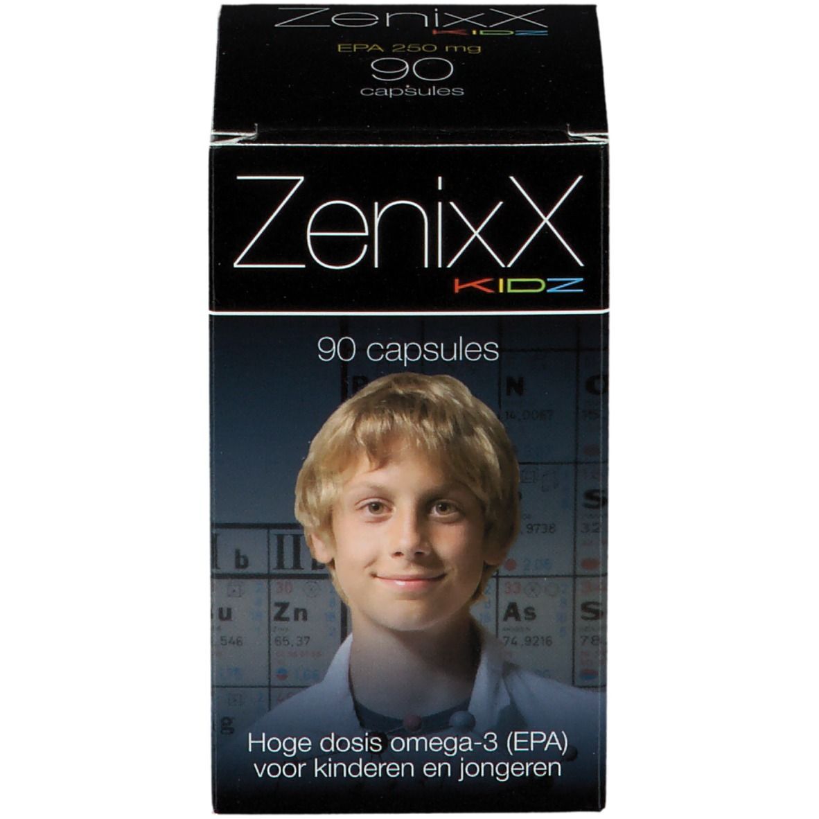 ZenixX Kidz, 90 capsule, scatola. Immagine di un ragazzo. Omega-3 per bambini e adolescenti.