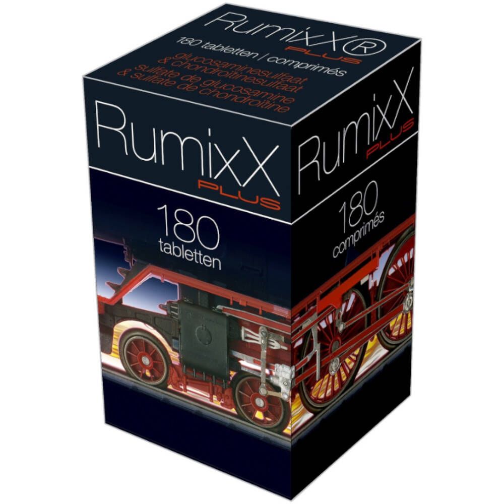 Scatola nera con "RumixX Plus" e 180 compresse. Illustrazione di un treno rosso. Testo in tedesco e francese.