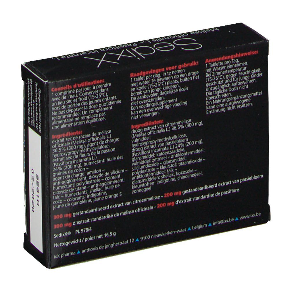 Retro della scatola SedixX. Contiene informazioni sugli ingredienti e l'uso. Testo in più lingue.