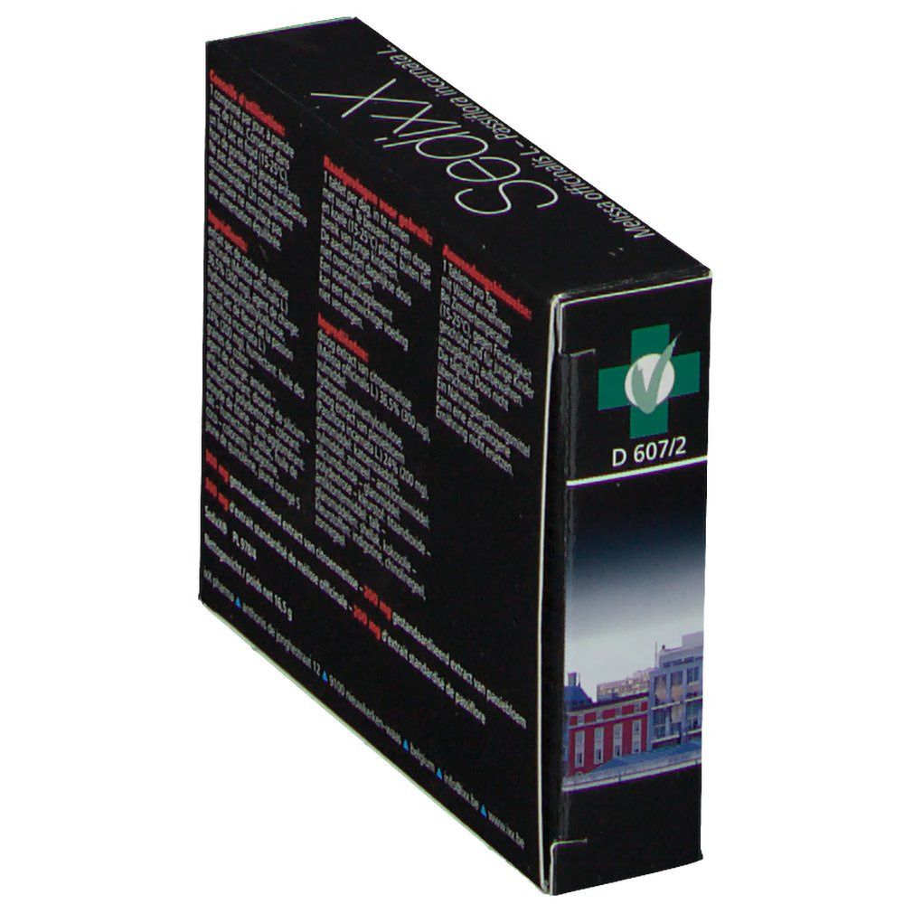 Lato della scatola SedixX con informazioni. Logo verde e bianco. Testo in più lingue.