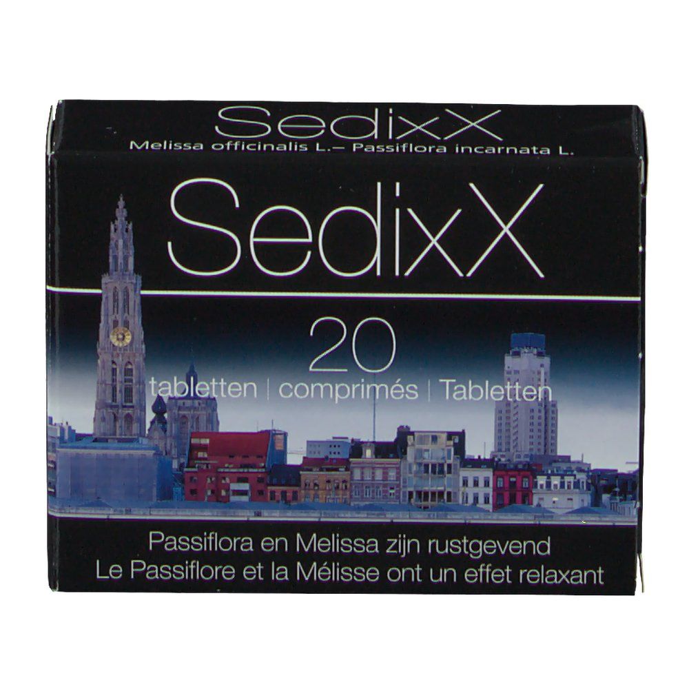 Scatola di compresse SedixX. Sfondo nero con skyline. Contiene 20 compresse. Testo in tedesco, francese e olandese.
