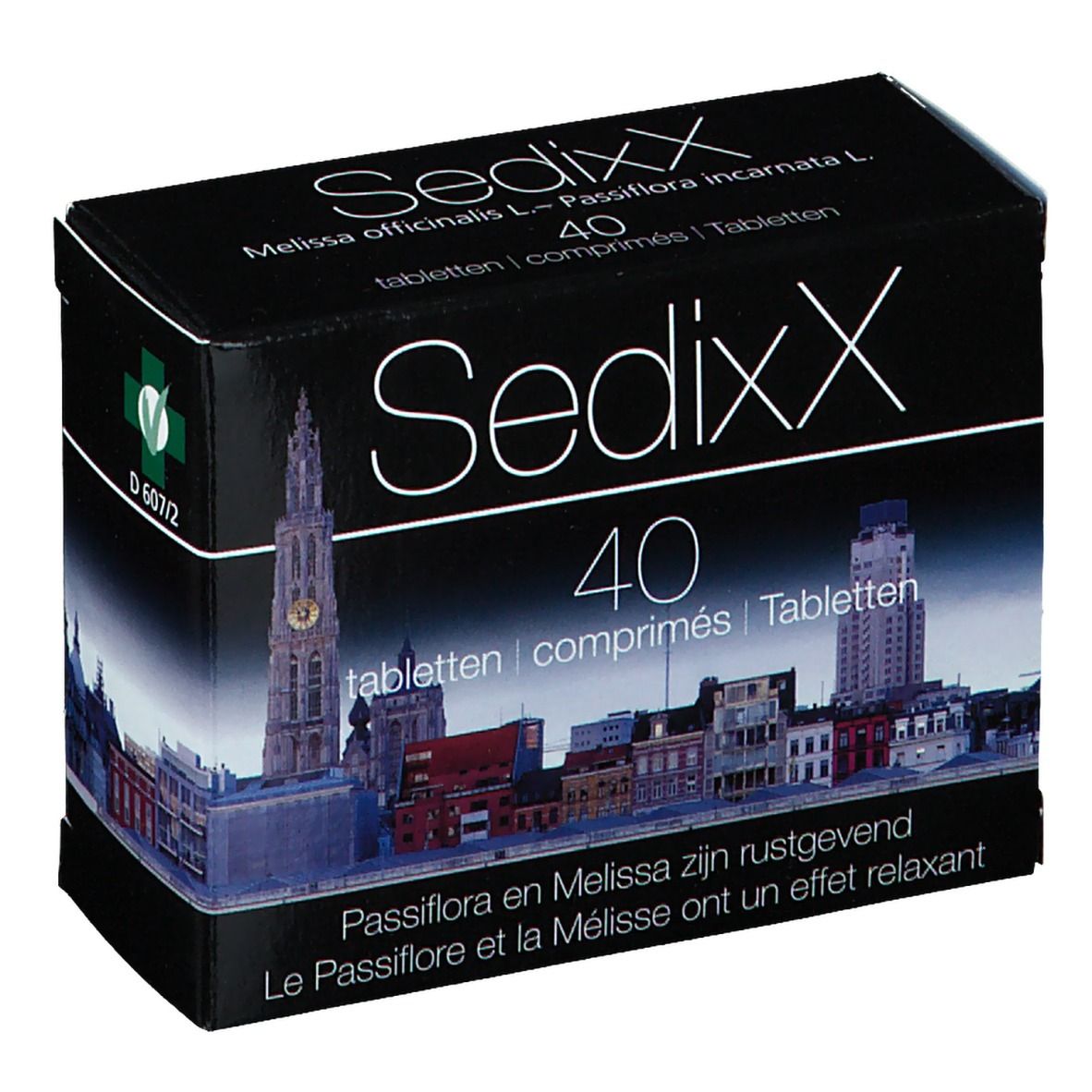 Scatola nera Sedixx con 40 compresse. Immagine di una città sul davanti. Testo in tedesco, francese e olandese.