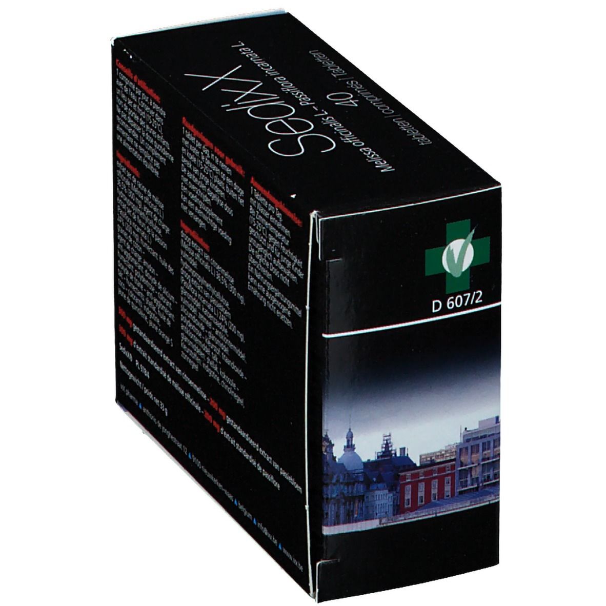 Scatola nera Sedixx inclinata. 40 compresse. Testo in tedesco, francese e olandese. Immagine di una città sul davanti.