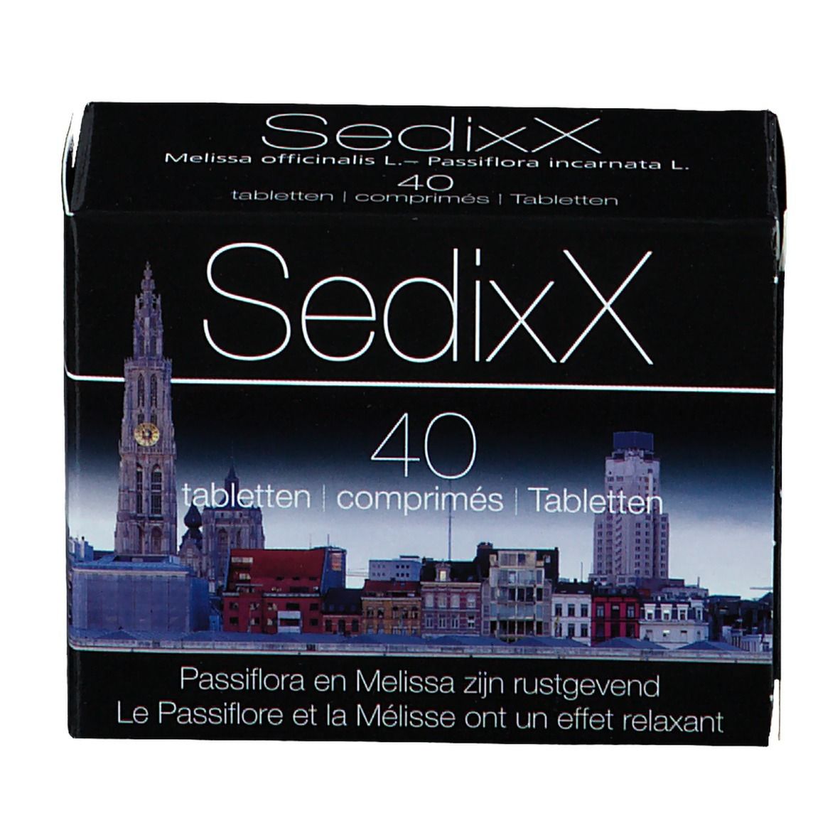 Scatola nera Sedixx con 40 compresse. Immagine di una città sul davanti. Testo in tedesco, francese e olandese.