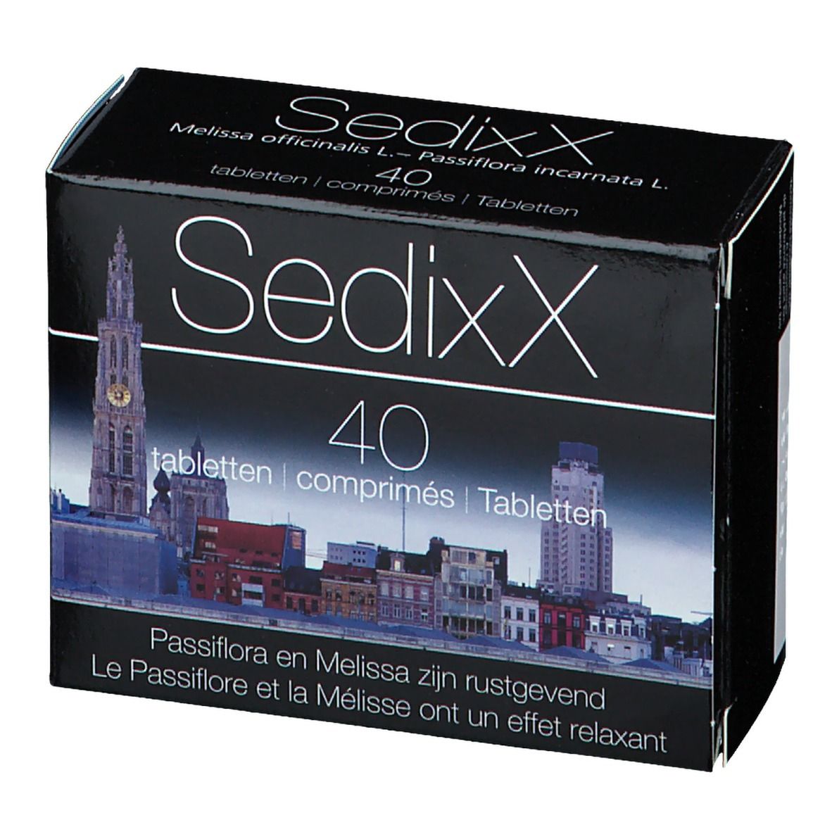 Scatola nera Sedixx con 40 compresse. Immagine di una città sul davanti. Testo in tedesco, francese e olandese.