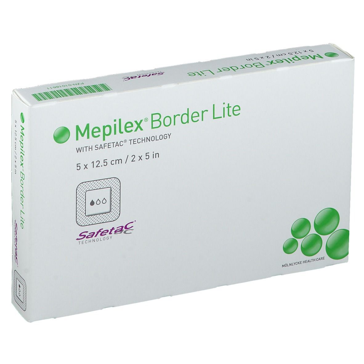 Confezione di Mepilex Border Lite. Scritta: 5 x 12,5 cm / 2 x 5 pollici. Con tecnologia Safetac. Scatola verde e bianca.