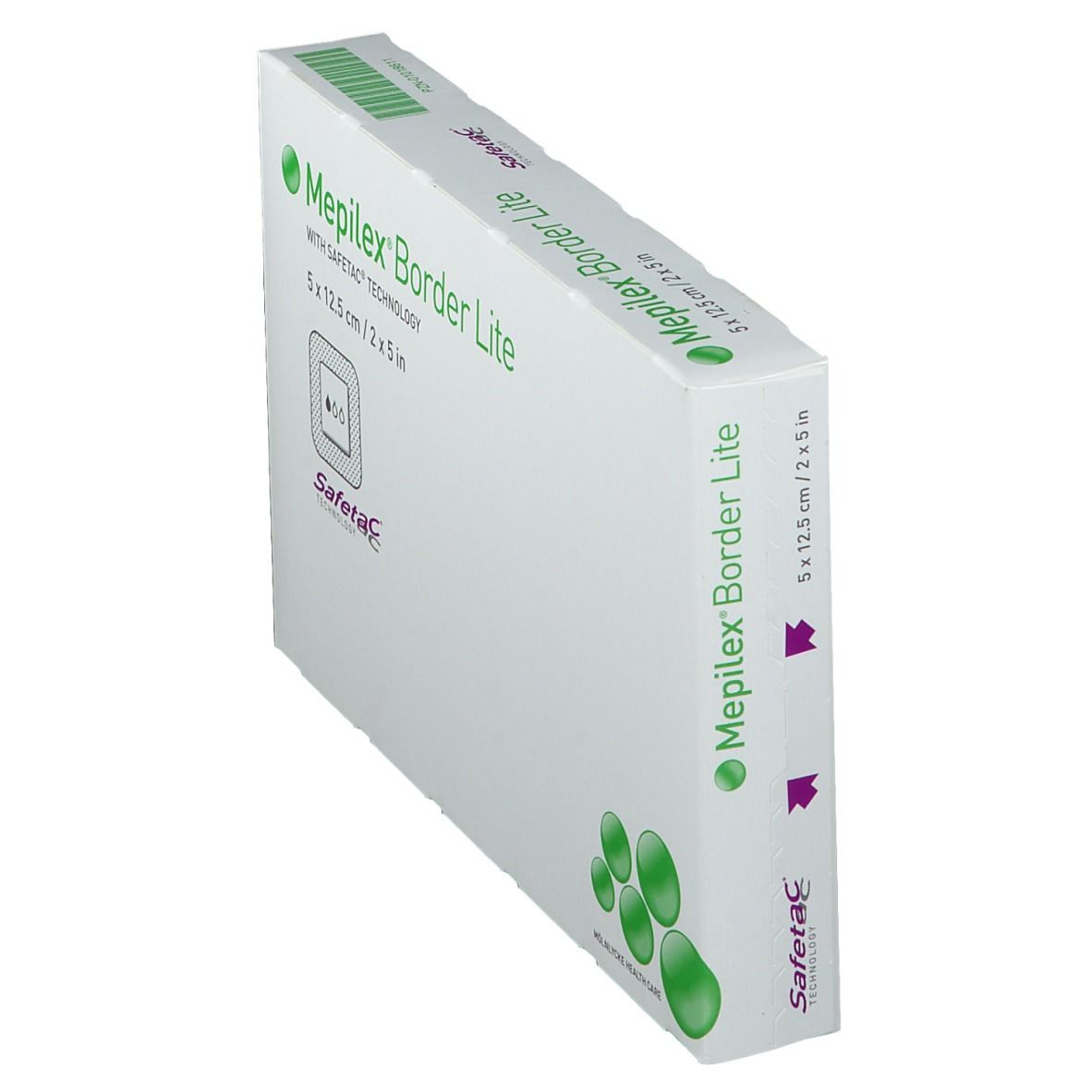 Confezione Mepilex Border Lite in diagonale. Scritta: 5 x 12,5 cm / 2 x 5 pollici. Con tecnologia Safetac. Scatola verde e bianca.