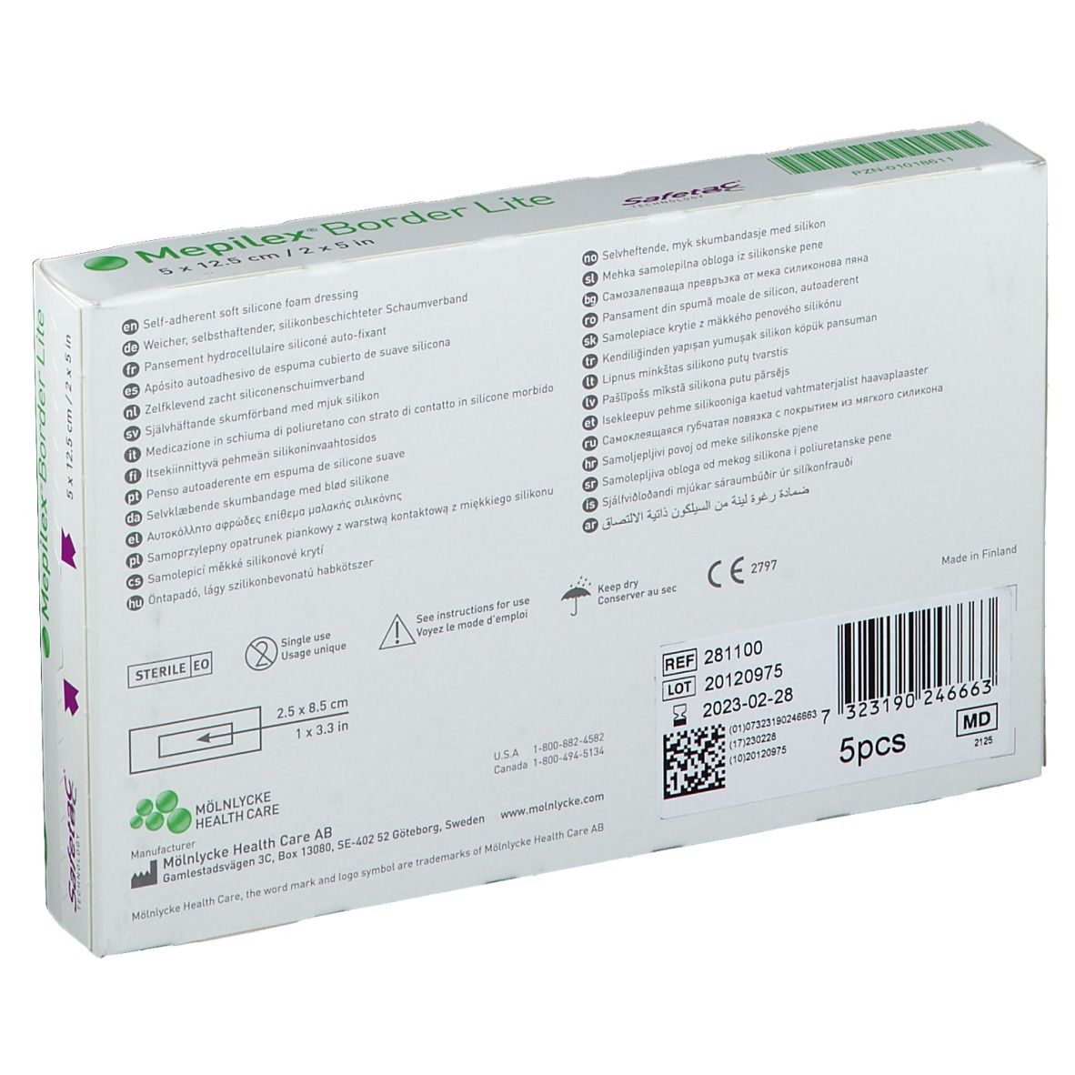 Retro della confezione Mepilex Border Lite. Contiene informazioni e codice a barre. Scritta: 5 pezzi. Marchio CE.