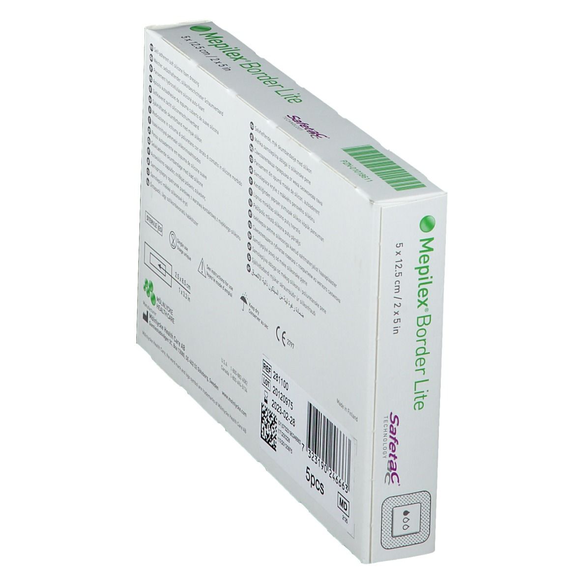 Confezione Mepilex Border Lite in diagonale, retro. Contiene informazioni e codice a barre. Scritta: 5 pezzi. Marchio CE.