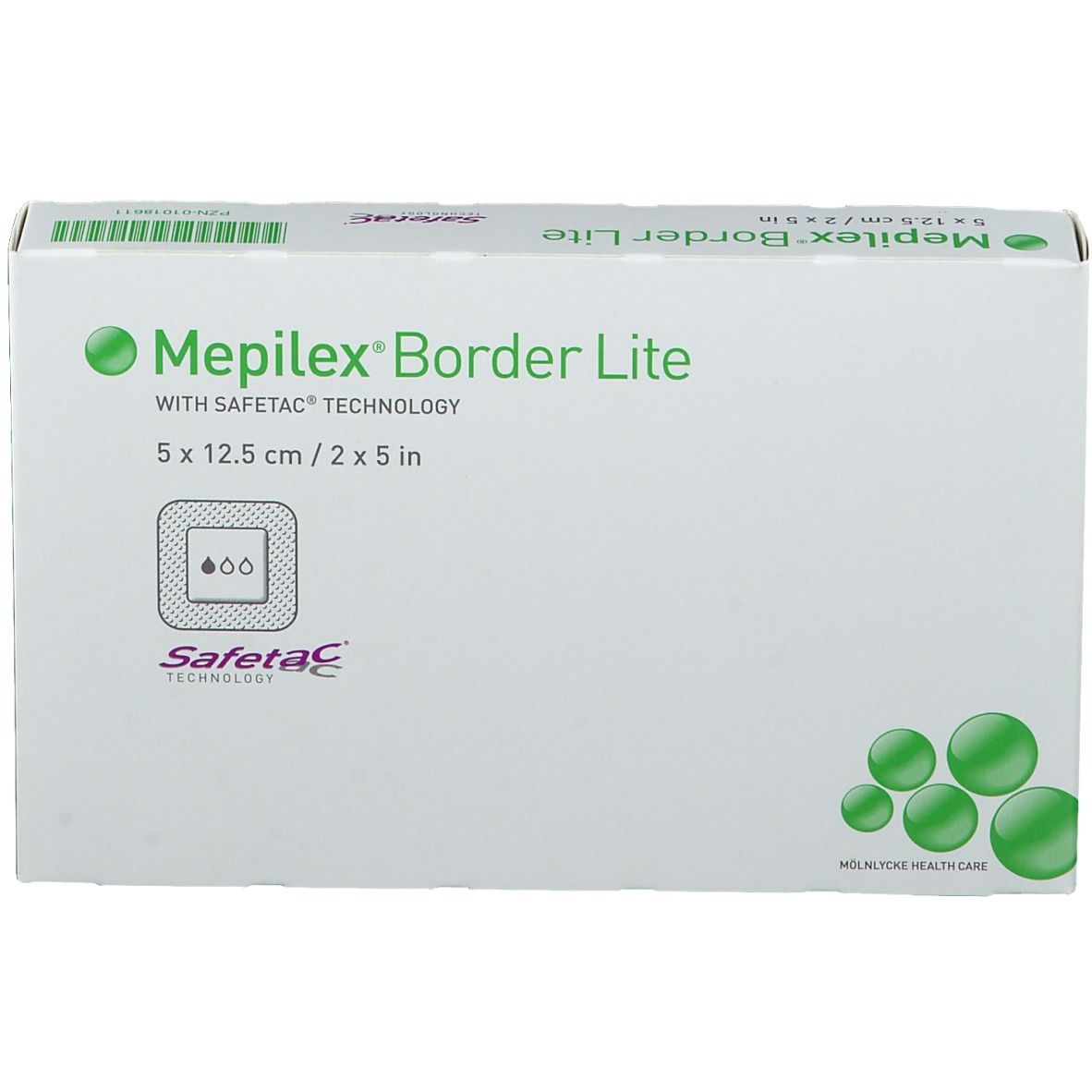 Confezione Mepilex Border Lite. Scritta: 5 x 12,5 cm / 2 x 5 pollici. Con tecnologia Safetac. Scatola verde e bianca.