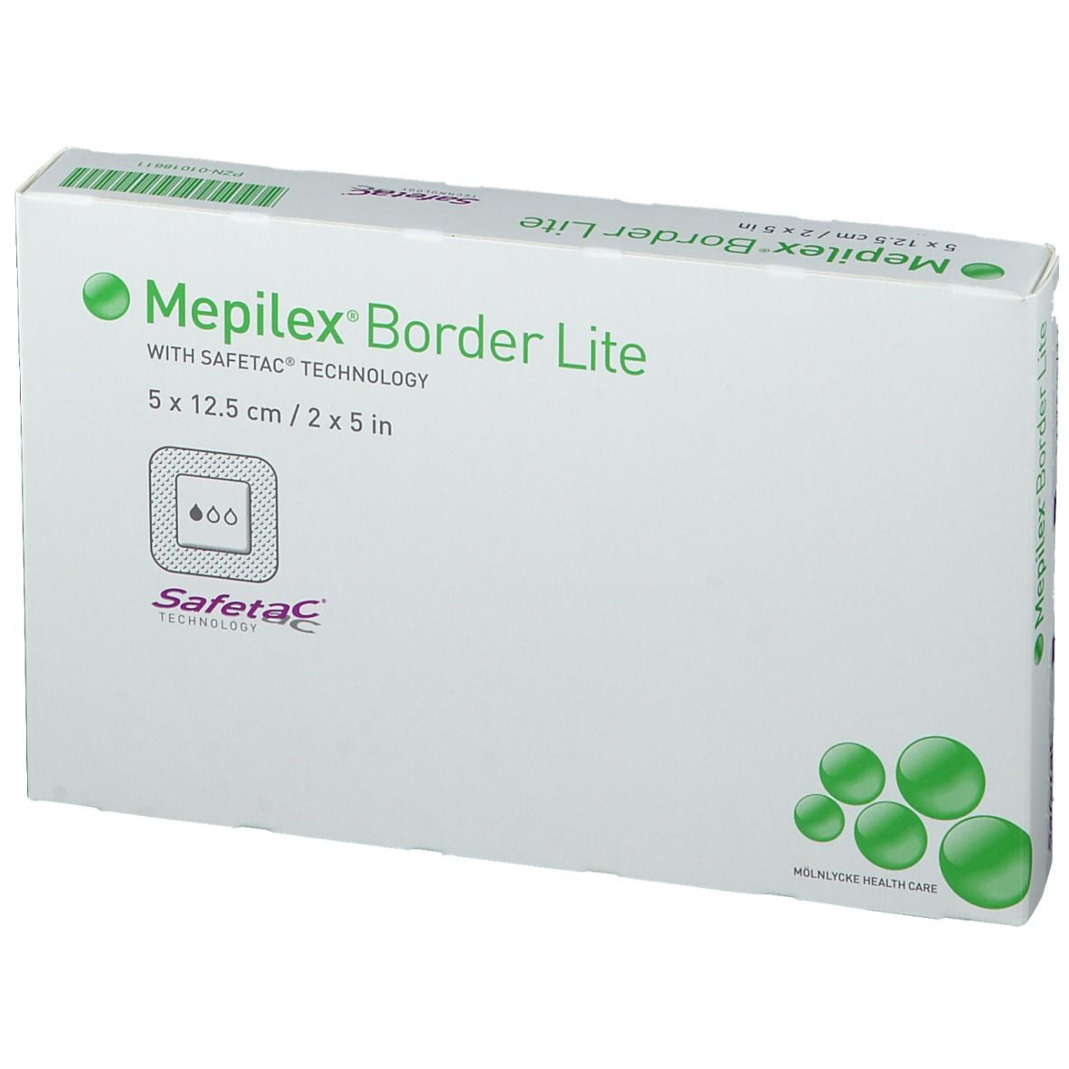 Confezione Mepilex Border Lite. Scritta: 5 x 12,5 cm / 2 x 5 pollici. Con tecnologia Safetac. Scatola verde e bianca.