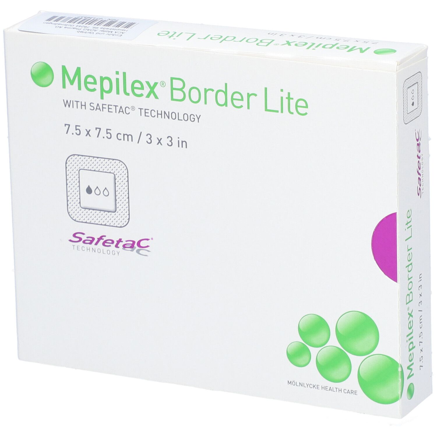 Confezione di Mepilex Border Lite, 7,5 x 7,5 cm. Tecnologia Safetac. Verde e bianco. Mölnlycke Health Care.