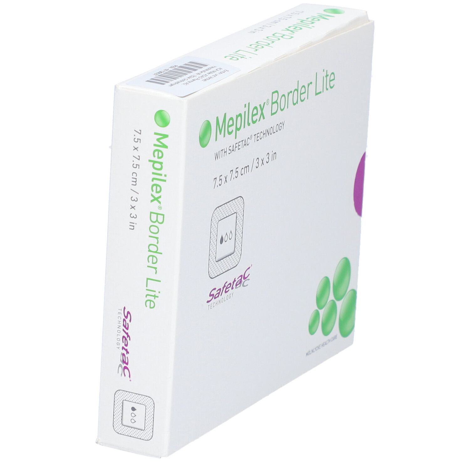 Confezione angolata di Mepilex Border Lite, 7,5 x 7,5 cm. Tecnologia Safetac. Bianco e verde.