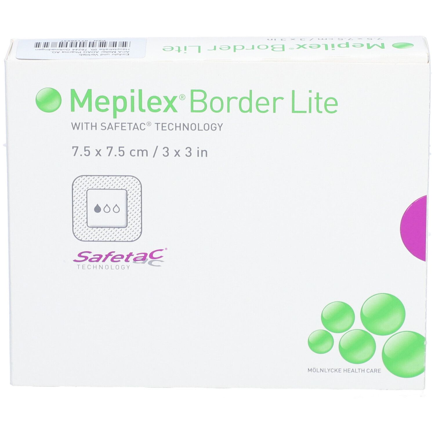 Confezione di Mepilex Border Lite, 7,5 x 7,5 cm. Tecnologia Safetac. Verde e bianco. Mölnlycke Health Care.