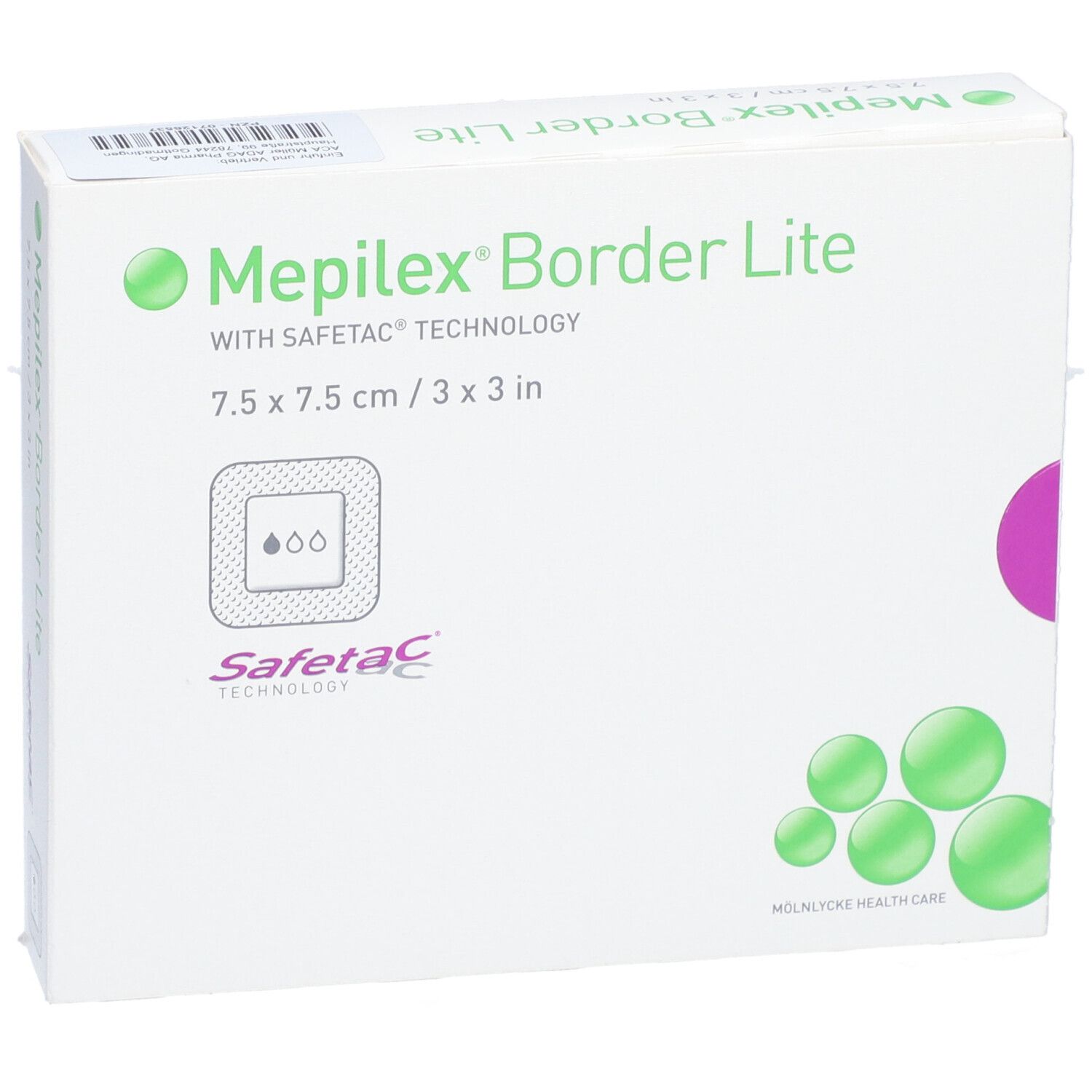 Confezione di Mepilex Border Lite, 7,5 x 7,5 cm. Tecnologia Safetac. Verde e bianco. Mölnlycke Health Care.