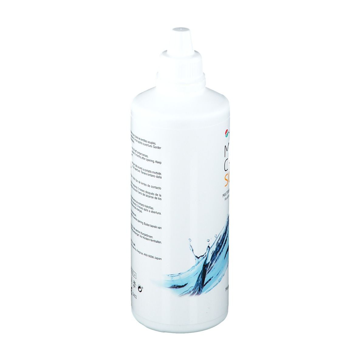 Flacone bianco Menicon Meni Care Soft. Scritta: Multi-Purpose Solution. Design acqua. Testo multilingue.
