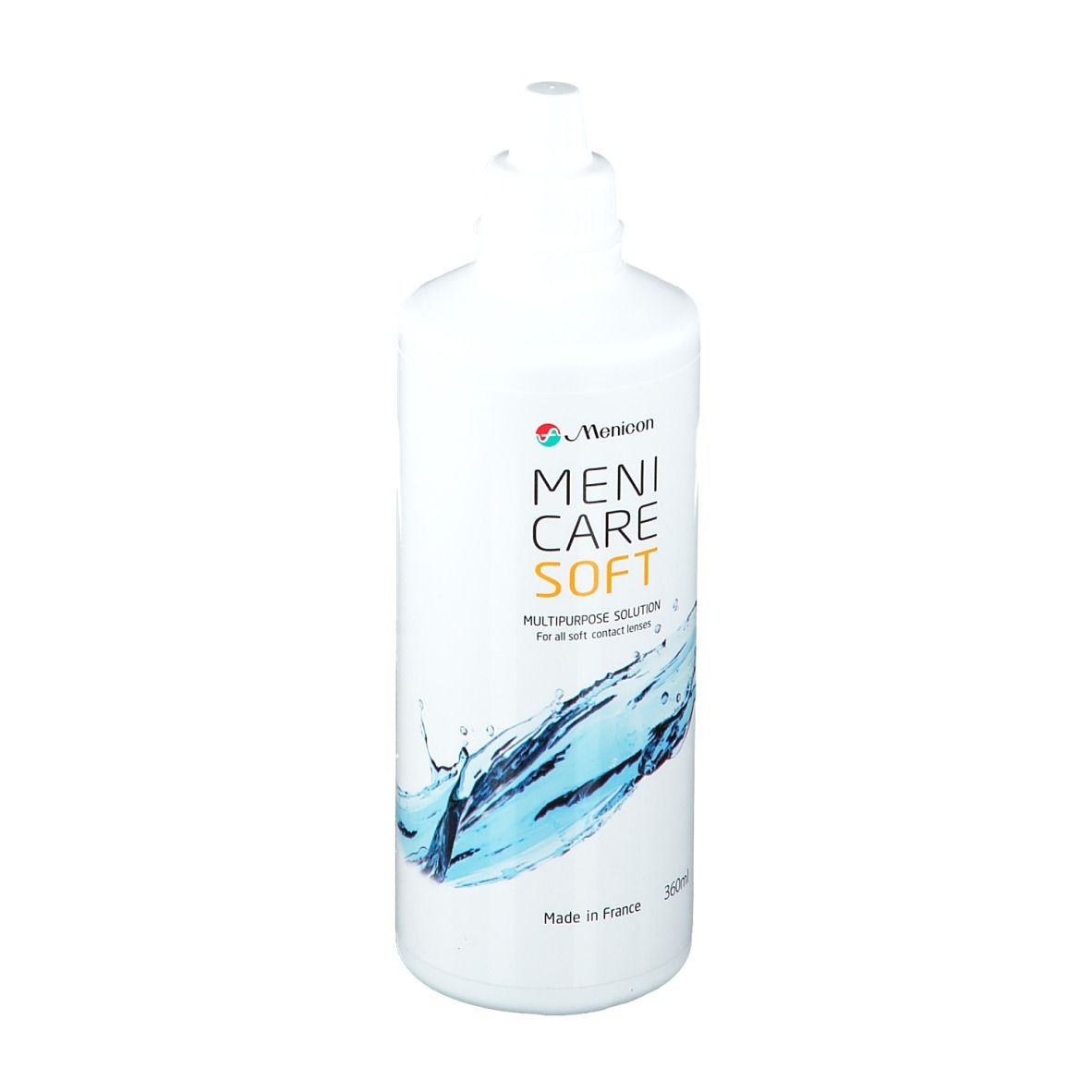 Flacone bianco Menicon Meni Care Soft. Scritta: Multi-Purpose Solution. Design acqua. Prodotto in Francia.