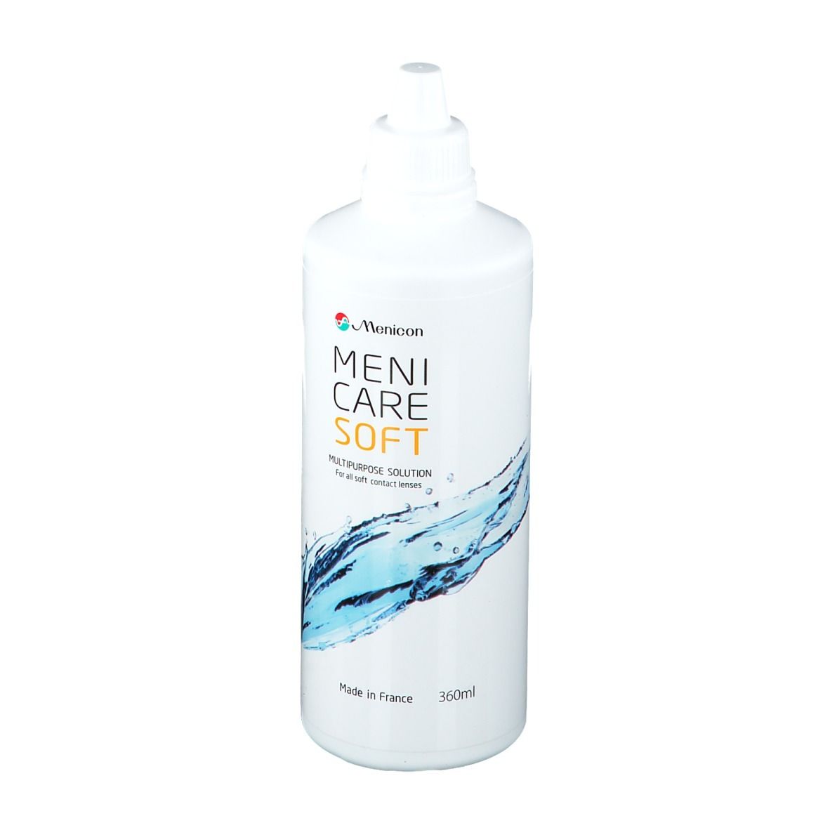 Flacone bianco Menicon Meni Care Soft. Scritta: Multi-Purpose Solution. Design acqua. 360ml.