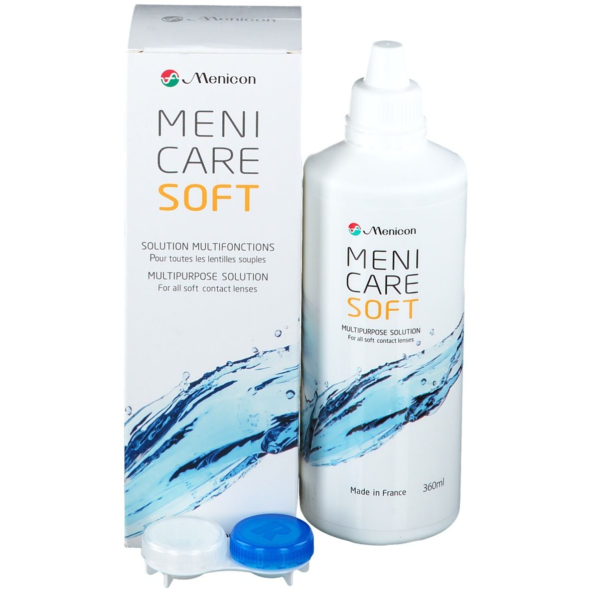 Flacone Menicon Meni Care Soft, scatola e contenitore. Scatola con testo. Contenitore per lenti.