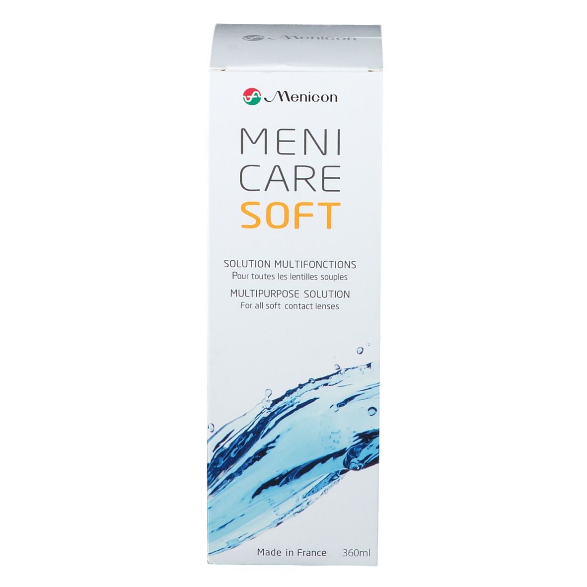 Scatola alta Menicon Meni Care Soft. Scritta: Multi-Purpose Solution. Design acqua. 360ml.