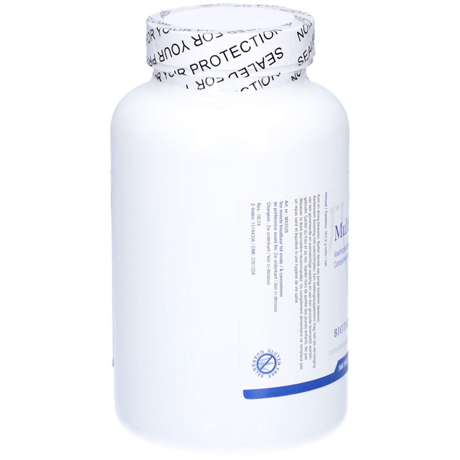 Flacone bianco con tappo a vite. Testo sul lato e una fascia blu. Sigillo con la scritta: SEALED FOR YOUR PROTECTION.