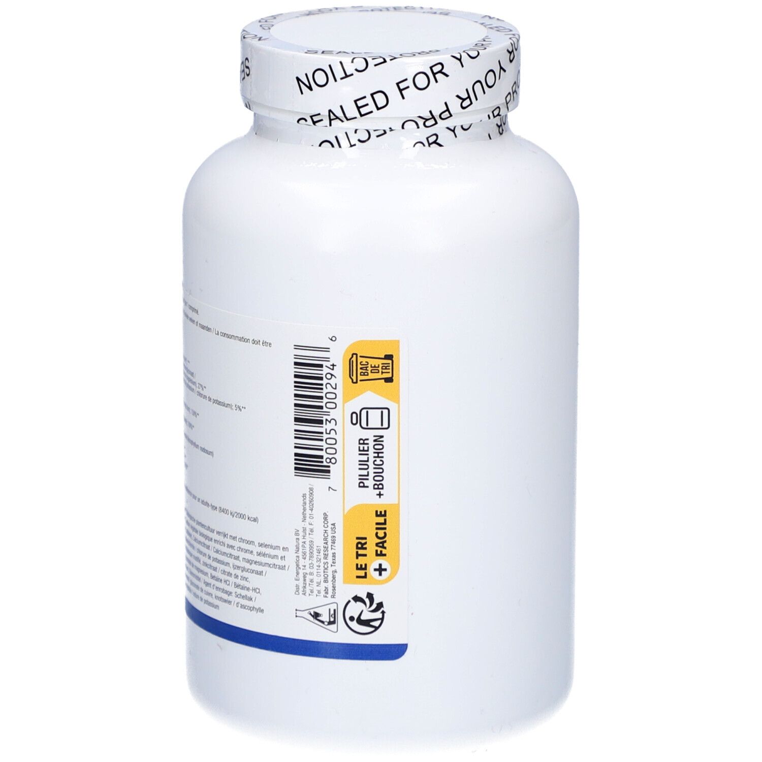 Flacone bianco con tappo a vite. Testo sul retro e un'etichetta gialla con simboli. Sigillo con la scritta: SEALED FOR YOUR PROTECTION.