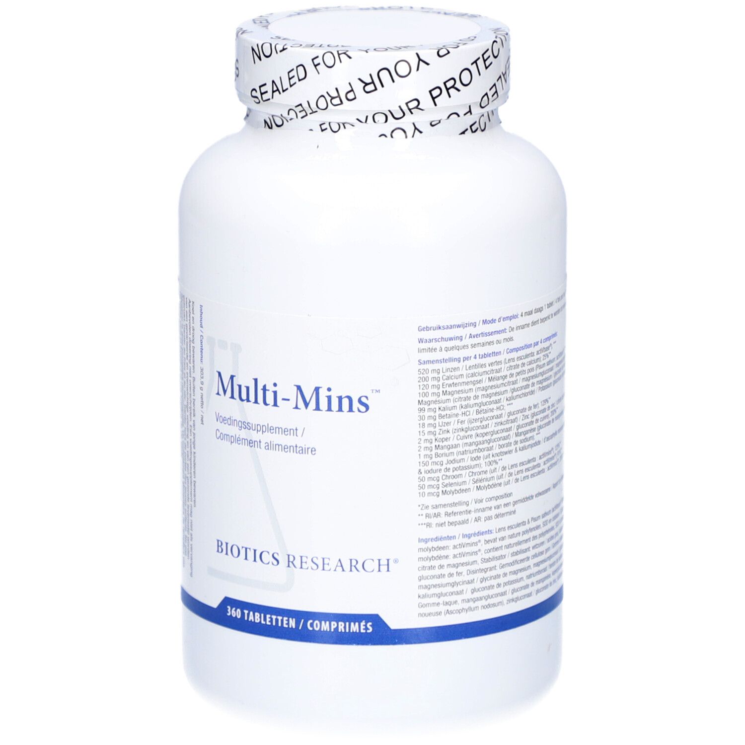 Flacone bianco con tappo a vite. Scritta: Multi-Mins, Voedingssupplement/Complément alimentaire, Biotics Research. 360 Tabletten/Comprimés.