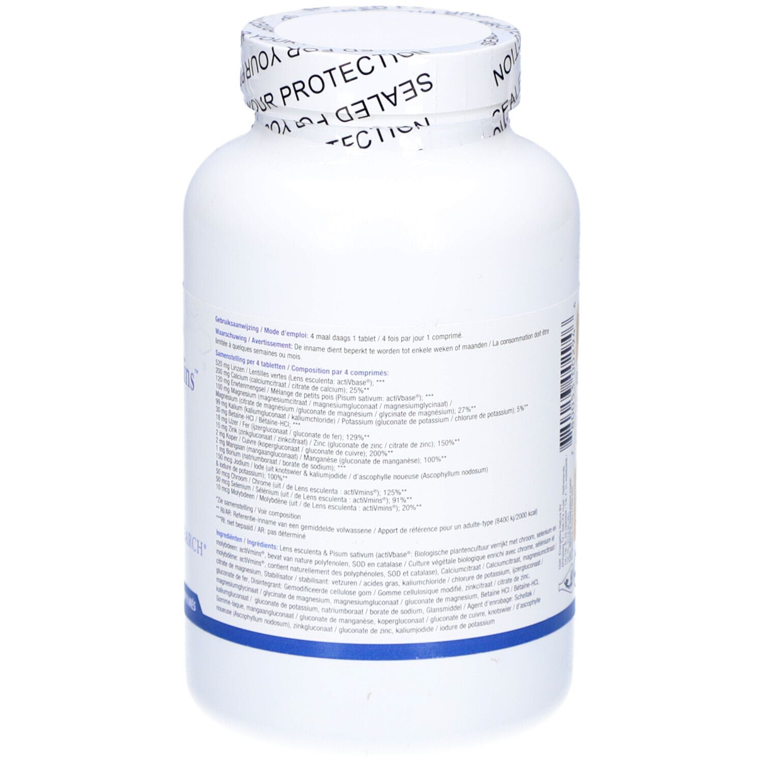 Flacone bianco con tappo a vite. Testo sul retro. Sigillo con la scritta: SEALED FOR YOUR PROTECTION.