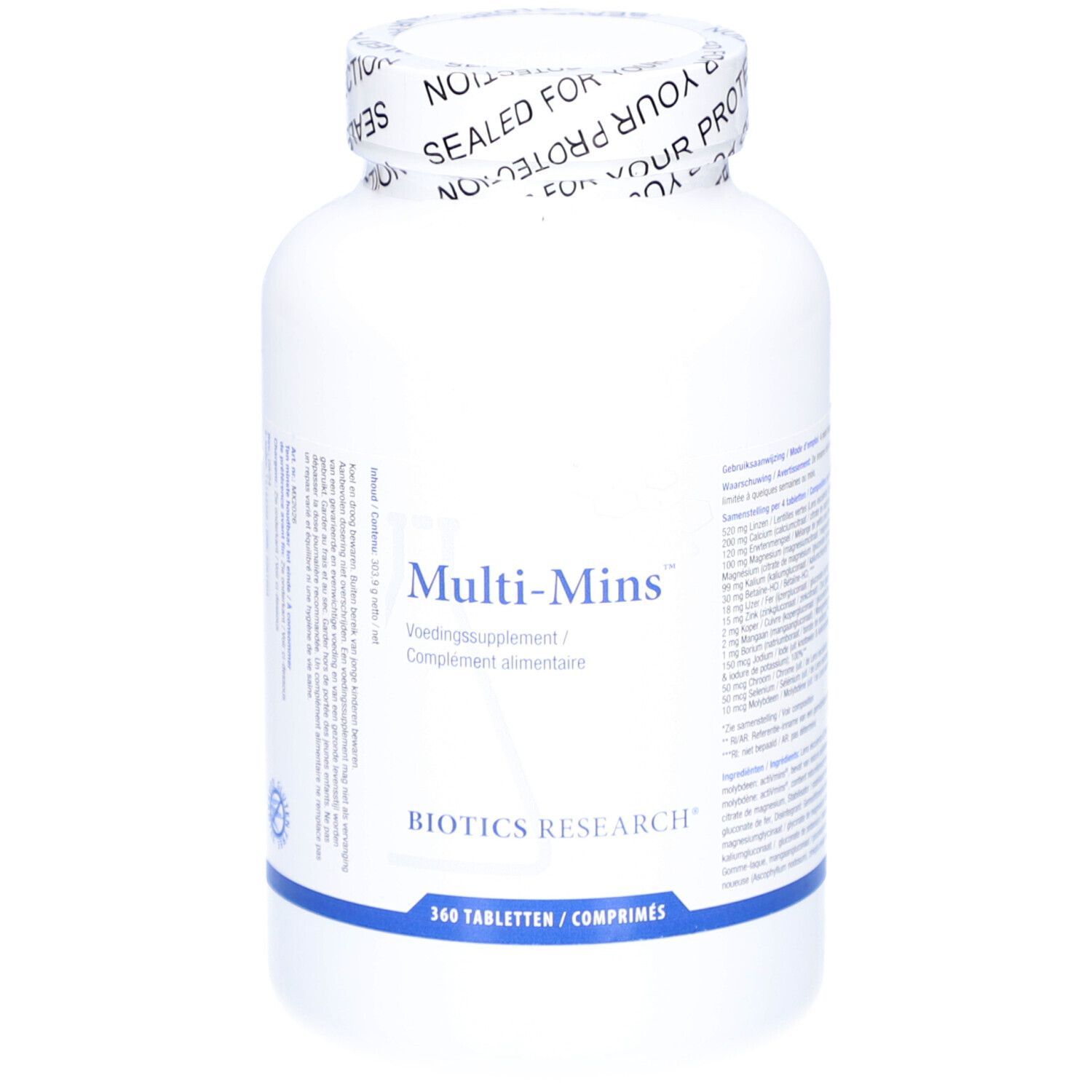 Flacone bianco con tappo a vite. Scritta: Multi-Mins, Voedingssupplement/Complément alimentaire, Biotics Research. 360 Tabletten/Comprimés.