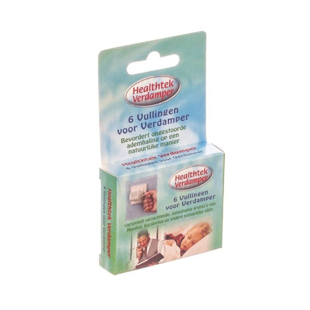 Confezione di Healthtek Verdampfer. Contiene 6 Vullingen. Testo in olandese. Immagine di un dispositivo e di persone.