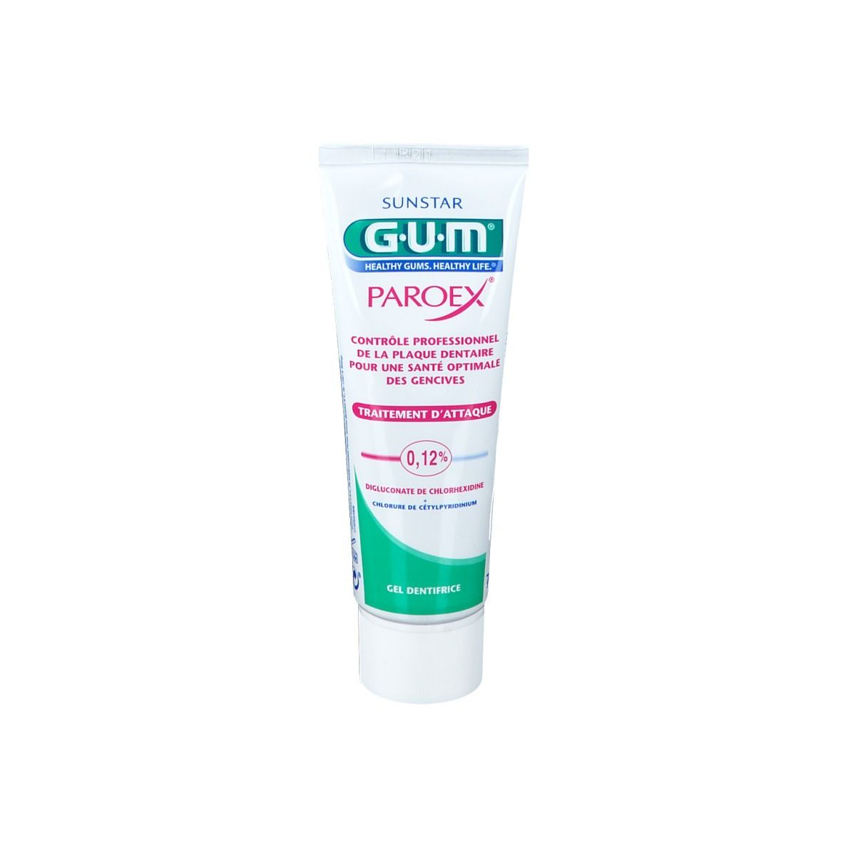 Tubo di dentifricio GUM Paroex. Bianco, verde e rosso. Testo: GUM, Paroex, 0,12%.