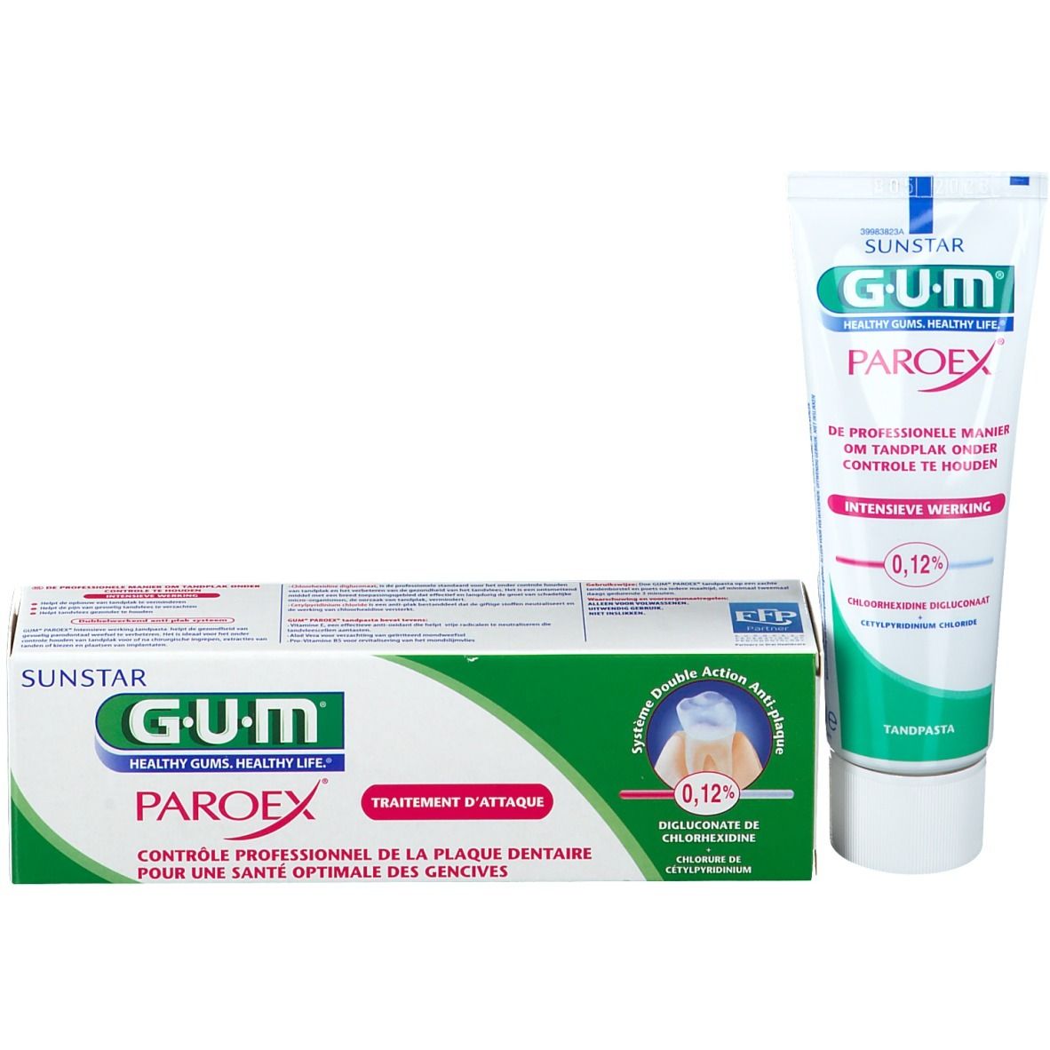 Dentifricio GUM Paroex e confezione. Bianco, verde e rosso. Testo: GUM, Paroex, 0,12%.