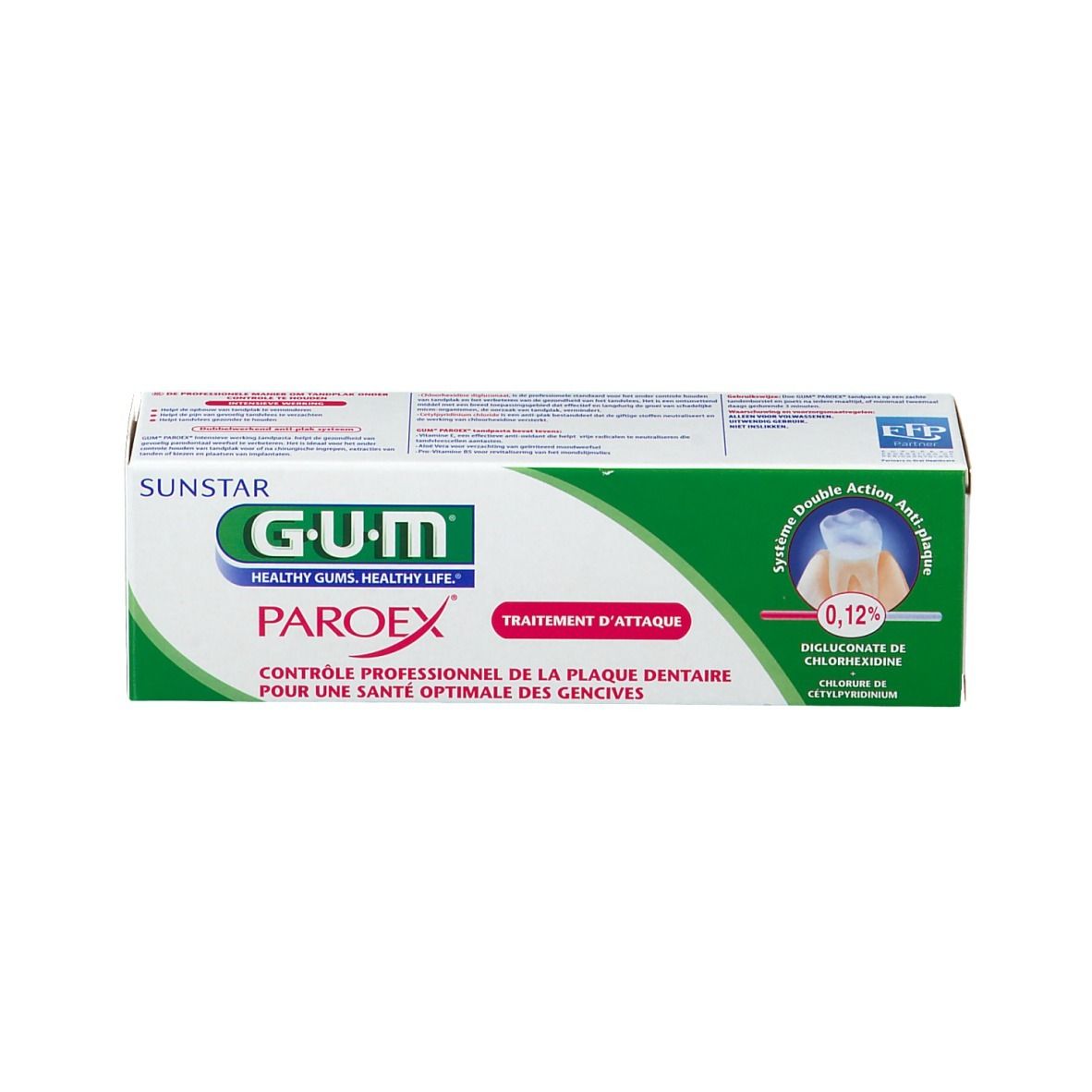 Confezione GUM Paroex. Bianco, verde e rosso. Testo: GUM, Paroex, 0,12%.