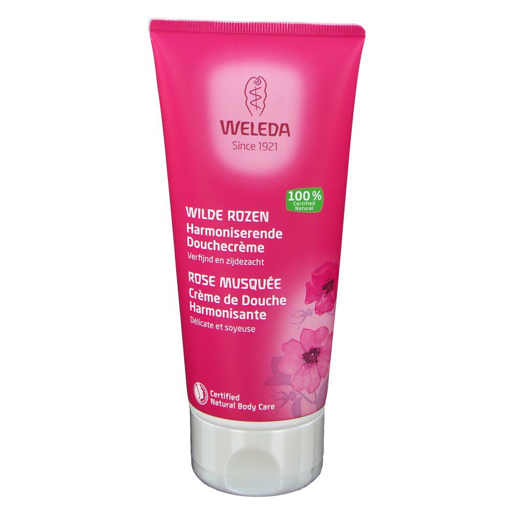 Tubo rosa con nome del prodotto e logo. Logo "Weleda" e testo. Stampato "Wilde Rosen" e "Rose Musquée". Prodotto naturale certificato.