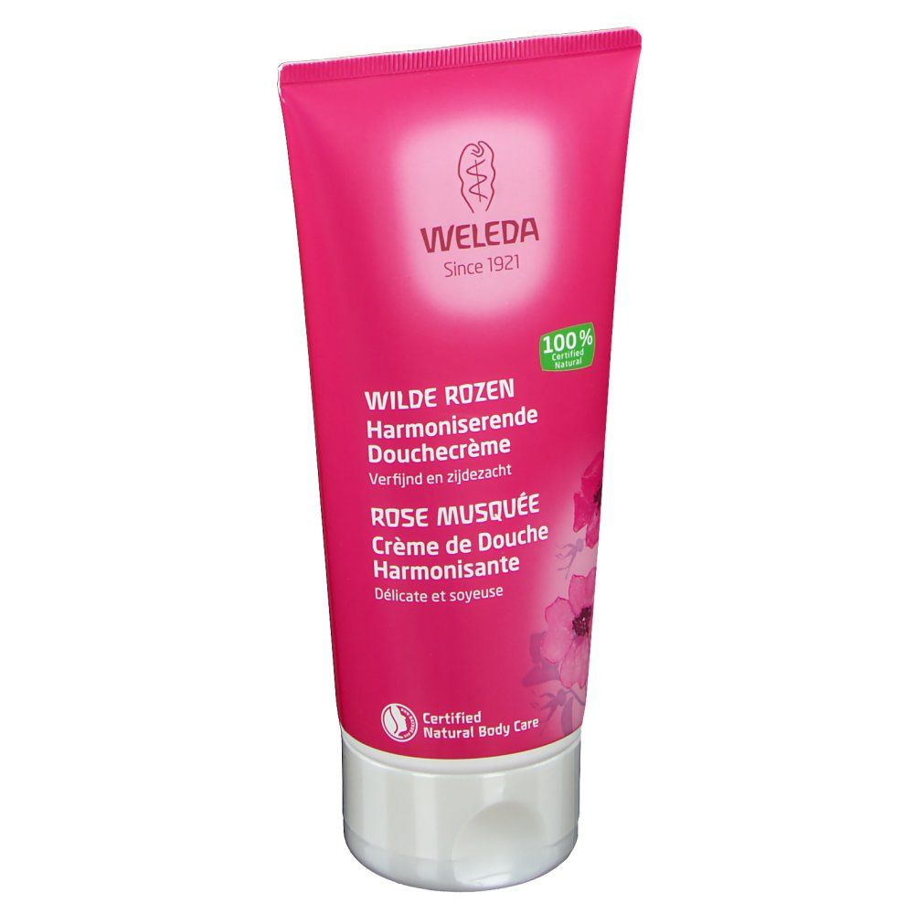 Tubo rosa con nome del prodotto e logo. Logo "Weleda" e testo. Stampato "Wilde Rosen" e "Rose Musquée". Prodotto naturale certificato.