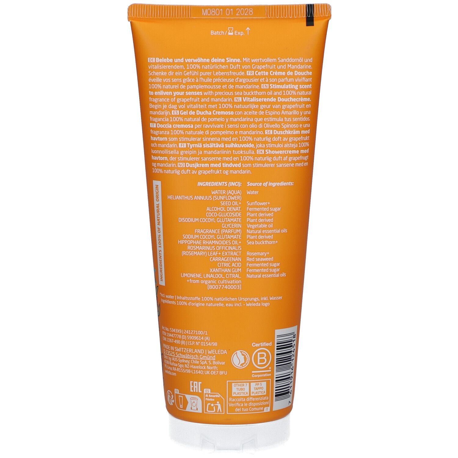 Sfondo arancione con testo: 100% naturale. Illustrazione di bacche di olivello spinoso e foglie.