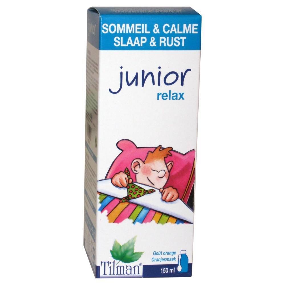 Confezione "junior relax" con bambino che dorme. Logo "Tilman" e indicazione "Gusto arancia".