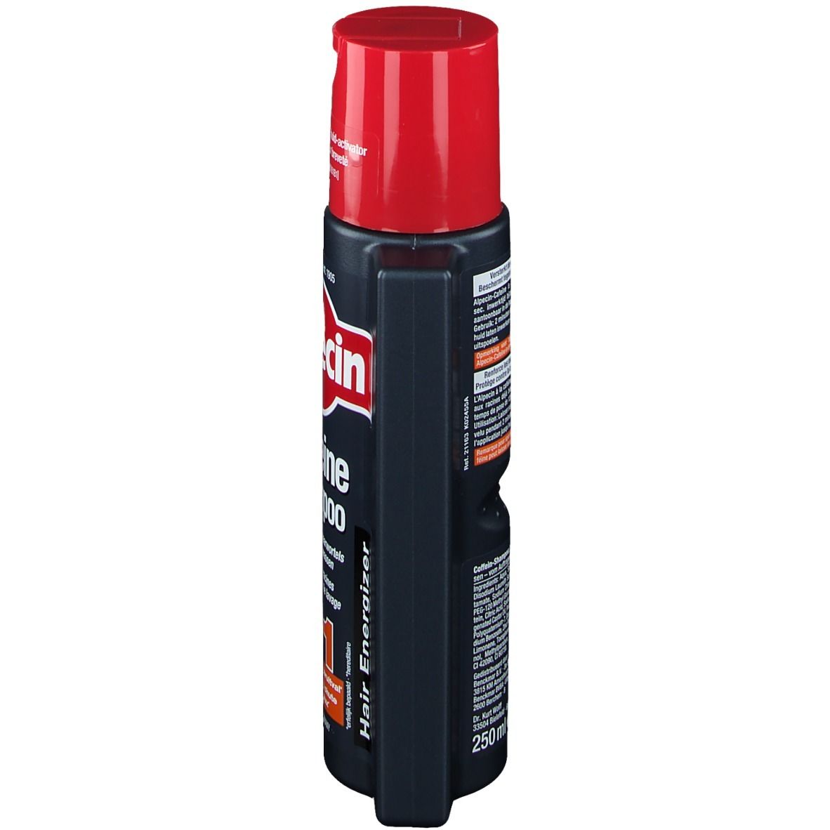 Retro del flacone blu scuro con tappo rosso. Testo con istruzioni e ingredienti. 250 ml.