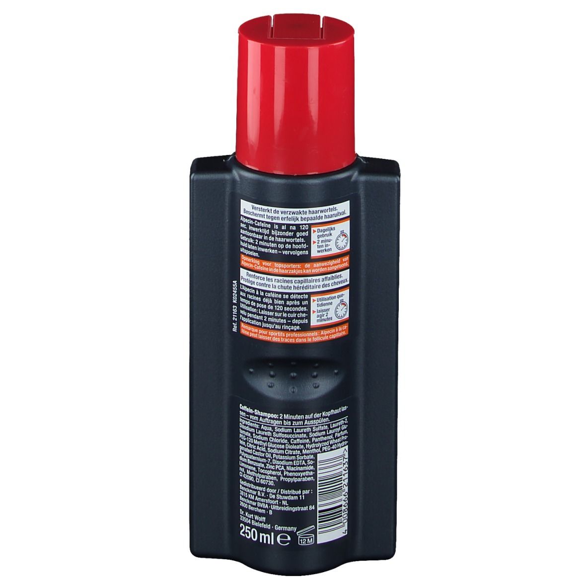 Retro del flacone blu scuro con tappo rosso. Testo con istruzioni e ingredienti. 250 ml.