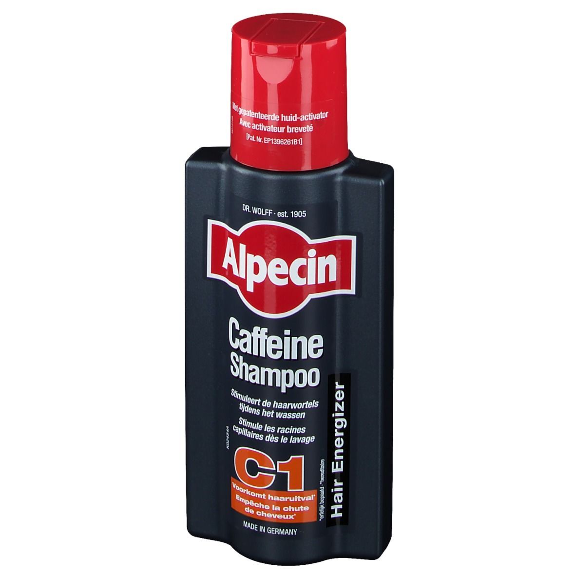 Flacone blu scuro con tappo rosso. Scritta Alpecin Caffein Shampoo. C1 Hair Energizer.