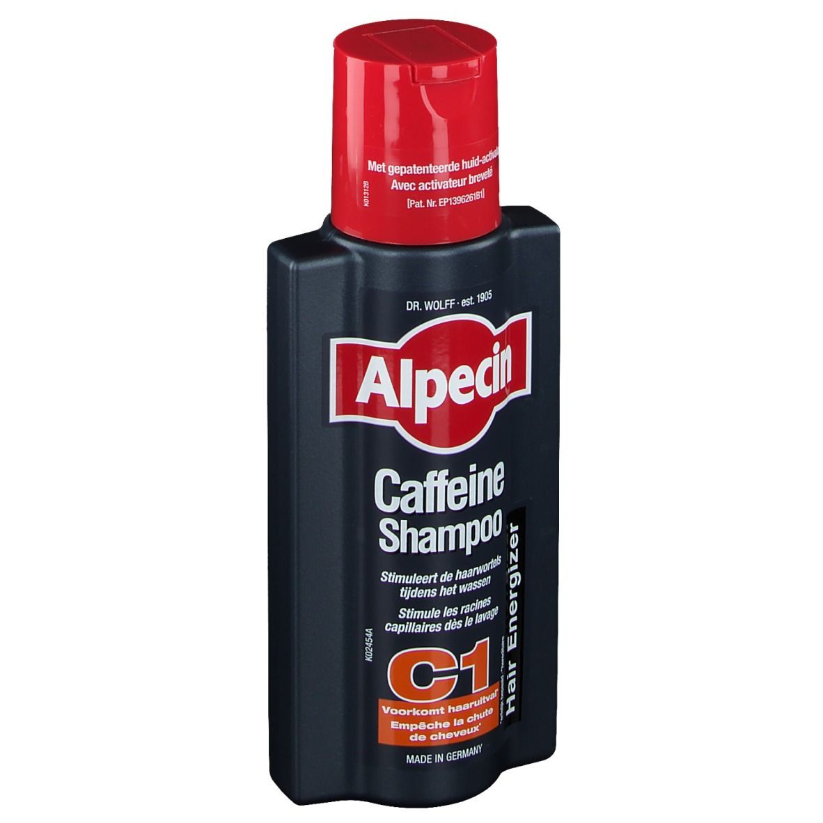 Flacone blu scuro con tappo rosso. Scritta Alpecin Caffein Shampoo. C1 Hair Energizer.