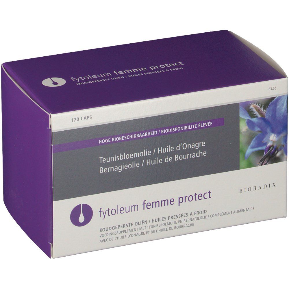 Confezione in cartone con nome del prodotto e motivo floreale. Testo multilingue. 120 capsule.