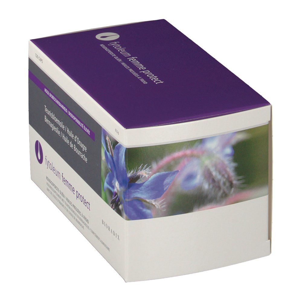 Scatola di cartone, coperchio viola, corpo bianco. Nome del prodotto e sfondo floreale. Testo multilingue.