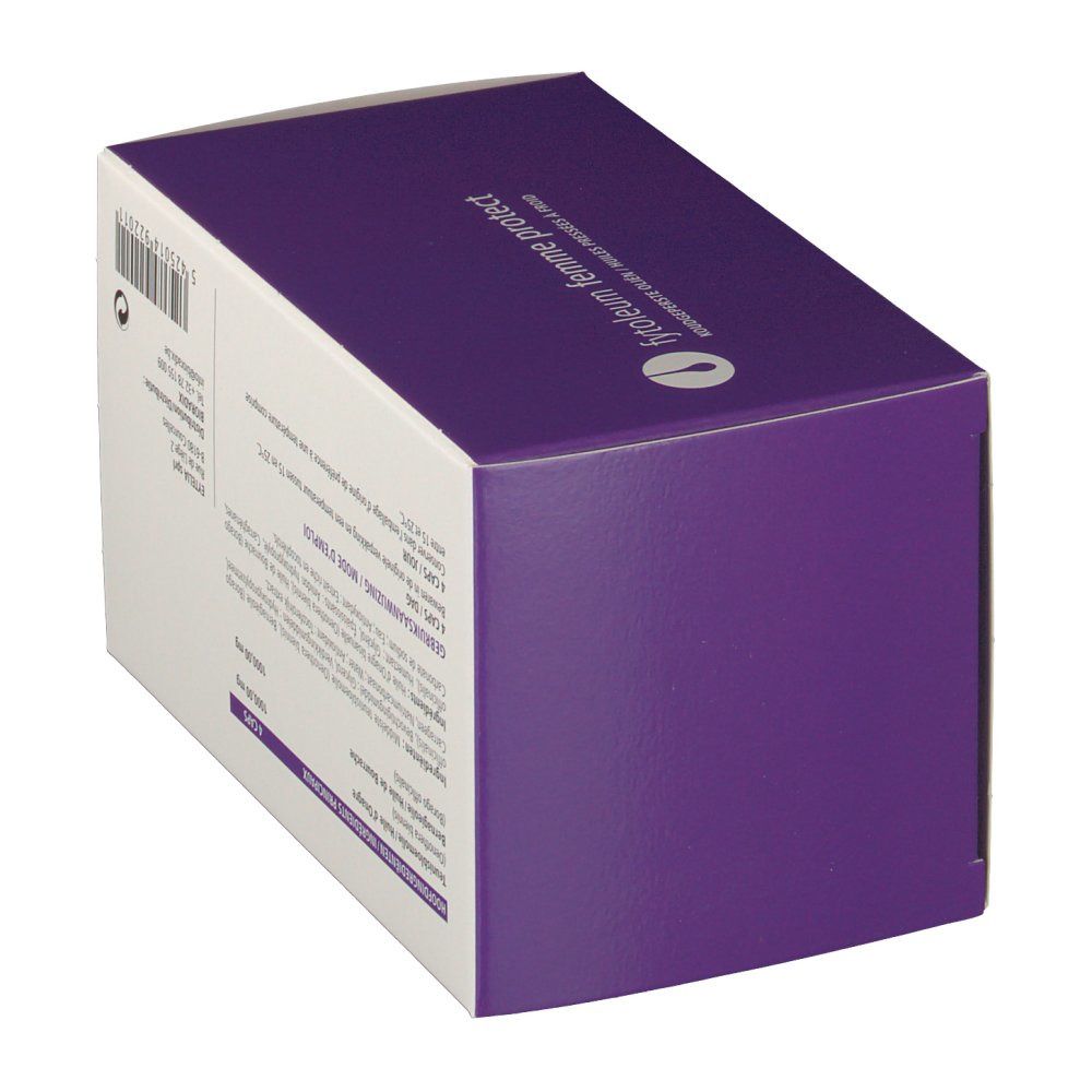 Scatola di cartone, coperchio viola, corpo bianco. Nome del prodotto e testo. Testo multilingue.