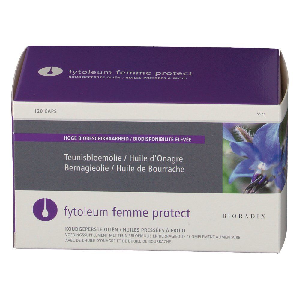 Confezione in cartone con nome del prodotto e motivo floreale. Testo multilingue. 120 capsule.