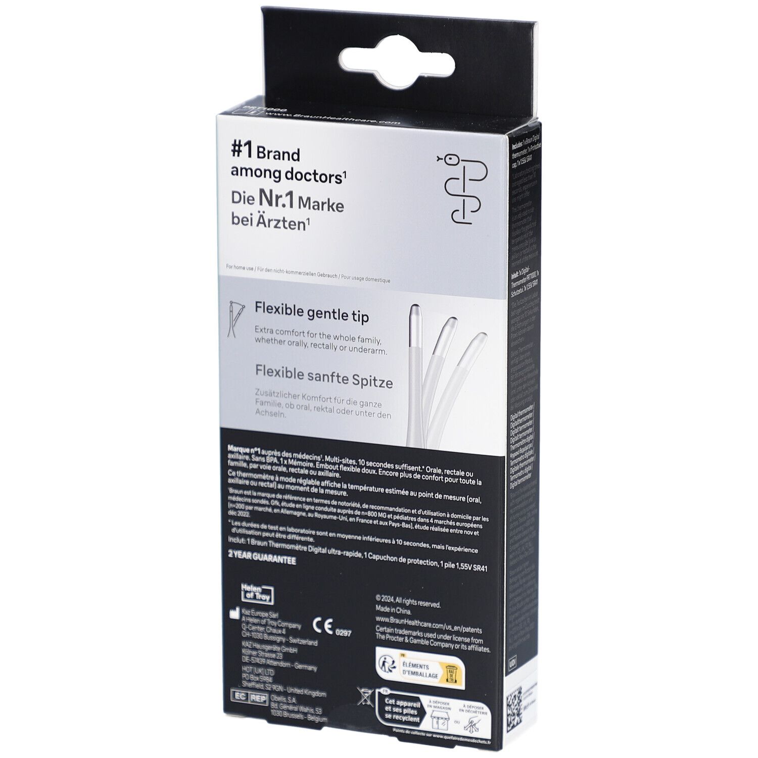 Retro della confezione del termometro digitale Braun. Testo: Punta flessibile. 2 anni di garanzia. Informazioni sul prodotto.