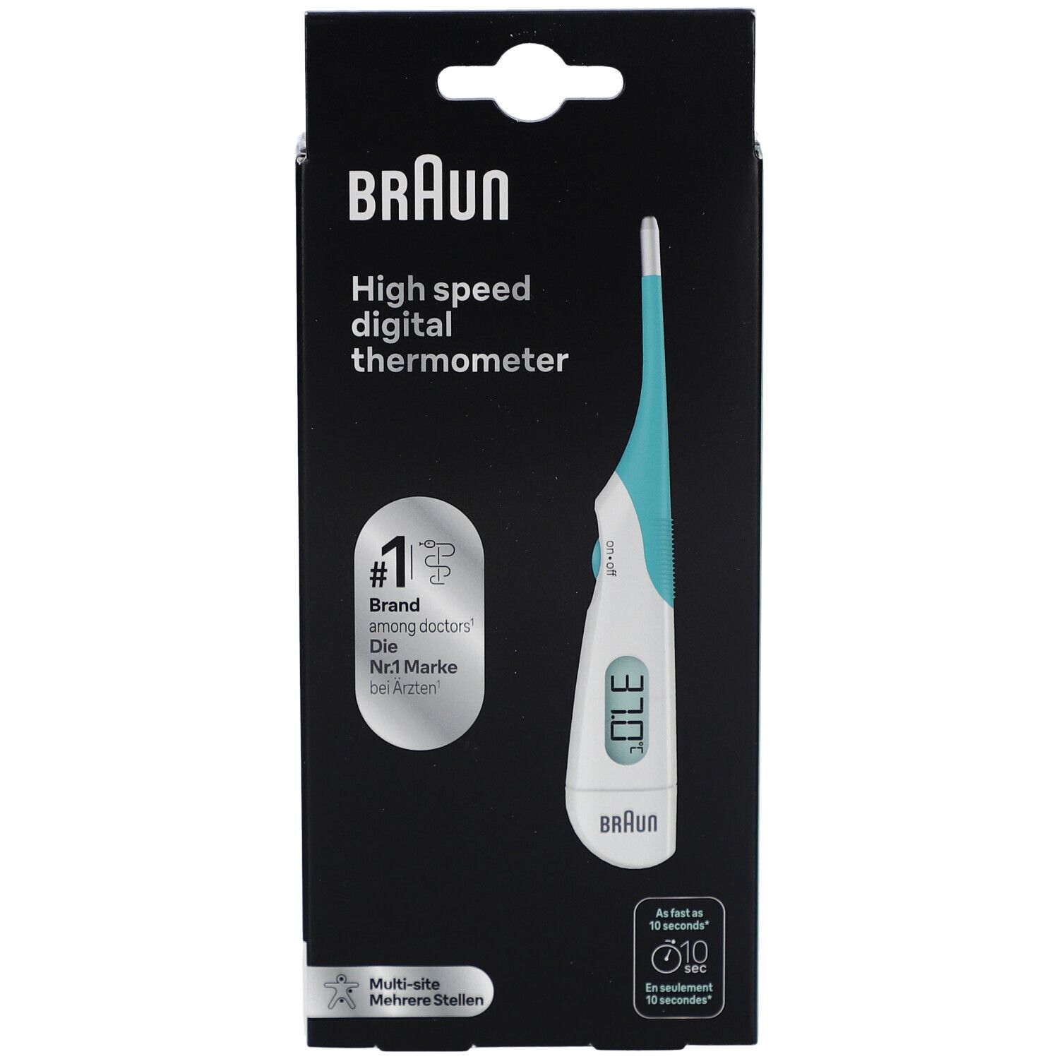 Termometro digitale Braun nella confezione. Scritta: High speed digital thermometer. Marchio n. 1 tra i medici. Display digitale: 37.0.