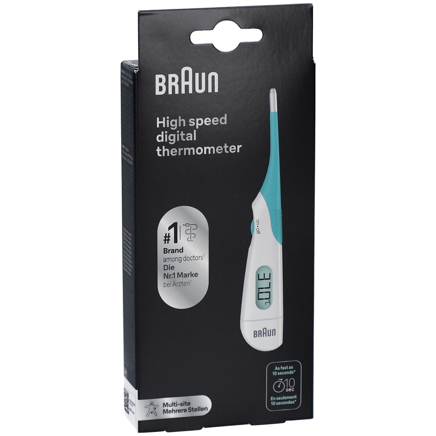 Termometro digitale Braun nella confezione. Scritta: High speed digital thermometer. Marchio n. 1 tra i medici. Display digitale: 37.0.
