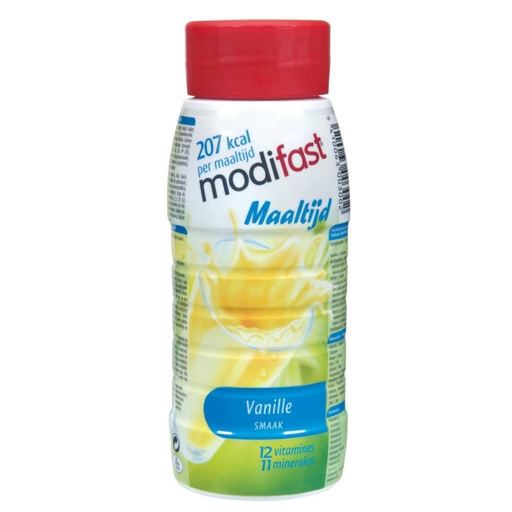 Bottiglia Modifast, tappo rosso. Scritta: Vanille, 207 kcal. Maaltijd.