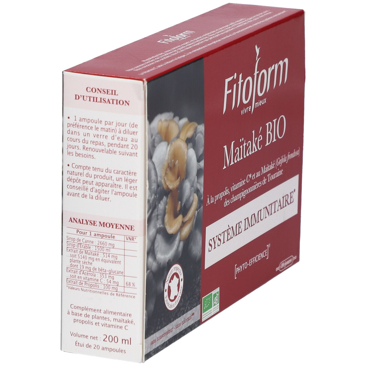Scatola rossa con logo e nome prodotto: Maitake BIO. Contiene informazioni sull'uso e sugli ingredienti.